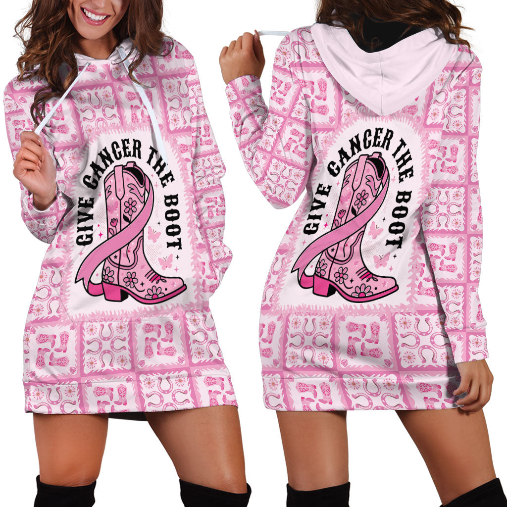Give Cancer The Boot Pink Cowgirl Hoodie Dress Hawaiian Paniolo Mixed Quilt Pattern Style