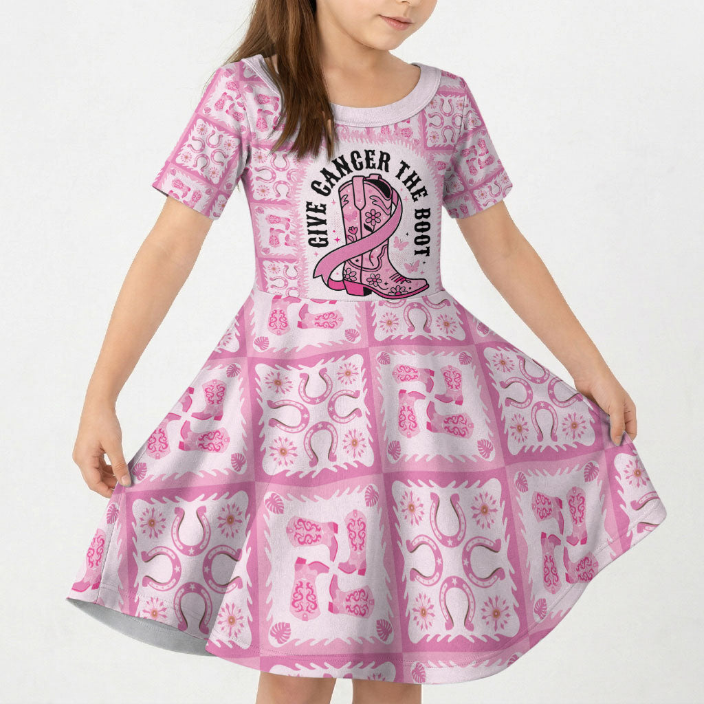 Give Cancer The Boot Pink Cowgirl Kid Short Sleeve Dress Hawaiian Paniolo Mixed Quilt Pattern Style