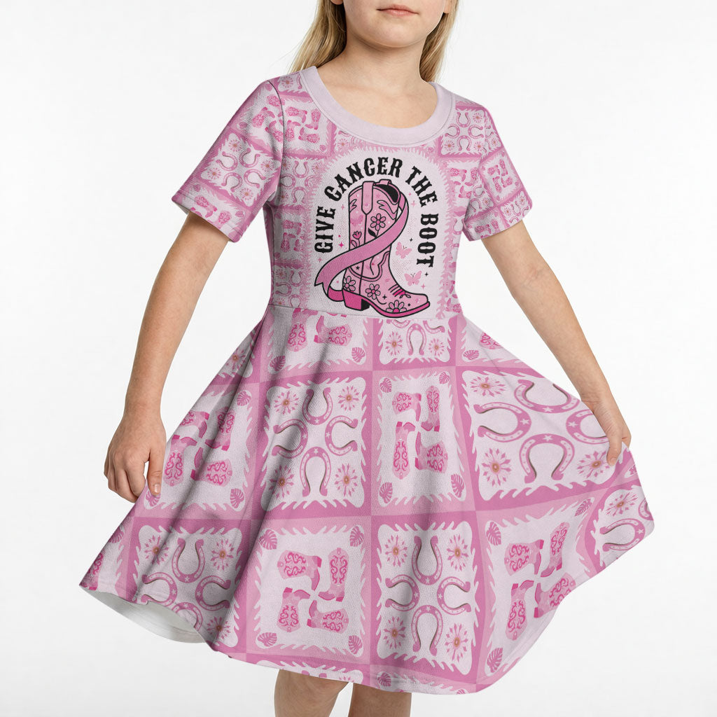 Give Cancer The Boot Pink Cowgirl Kid Short Sleeve Dress Hawaiian Paniolo Mixed Quilt Pattern Style