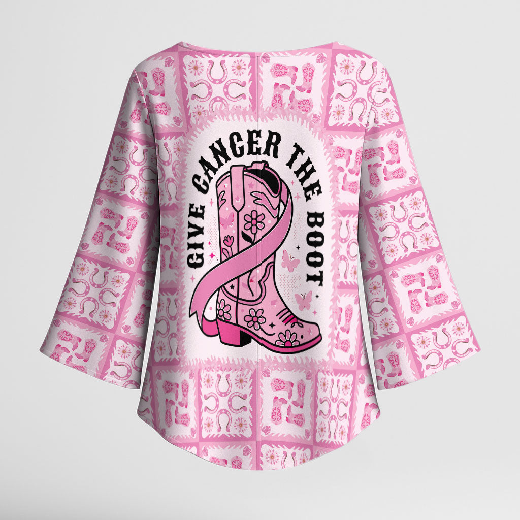 Give Cancer The Boot Pink Cowgirl Kimono Sleeve Blouse Hawaiian Paniolo Mixed Quilt Pattern Style
