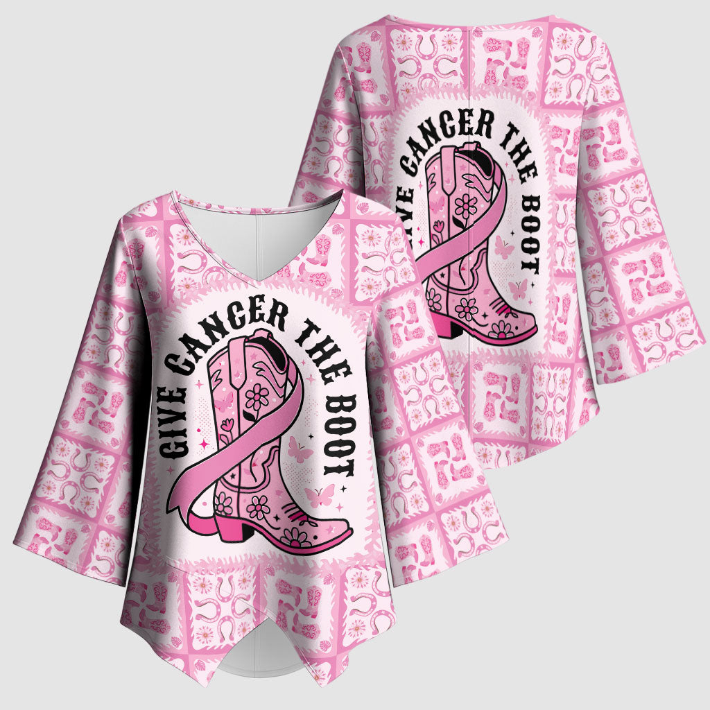 Give Cancer The Boot Pink Cowgirl Kimono Sleeve Blouse Hawaiian Paniolo Mixed Quilt Pattern Style