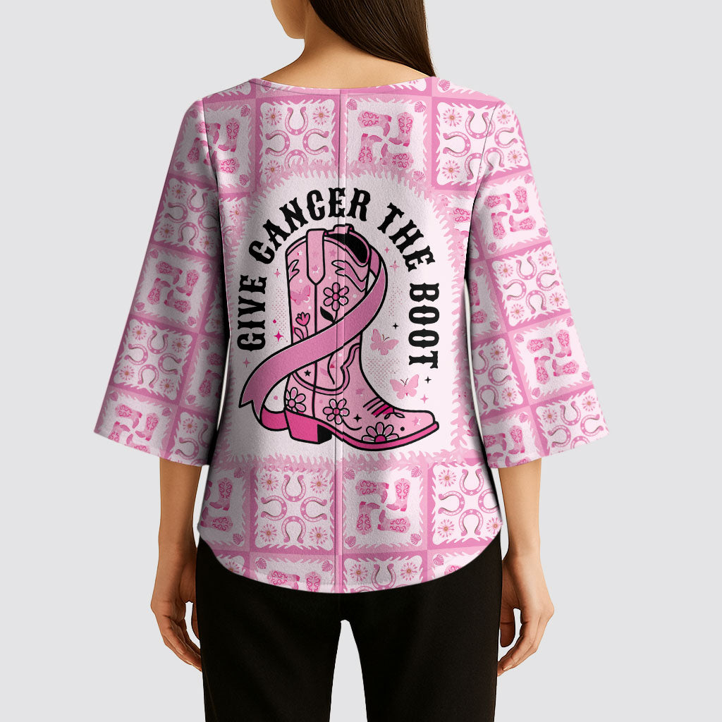 Give Cancer The Boot Pink Cowgirl Kimono Sleeve Blouse Hawaiian Paniolo Mixed Quilt Pattern Style