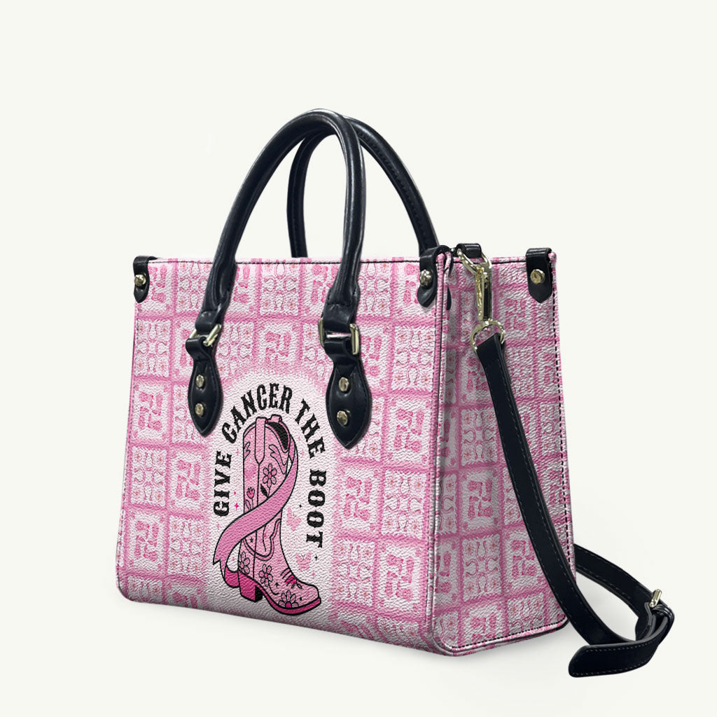 Give Cancer The Boot Pink Cowgirl Leather Bag Hawaiian Paniolo Mixed Quilt Pattern Style