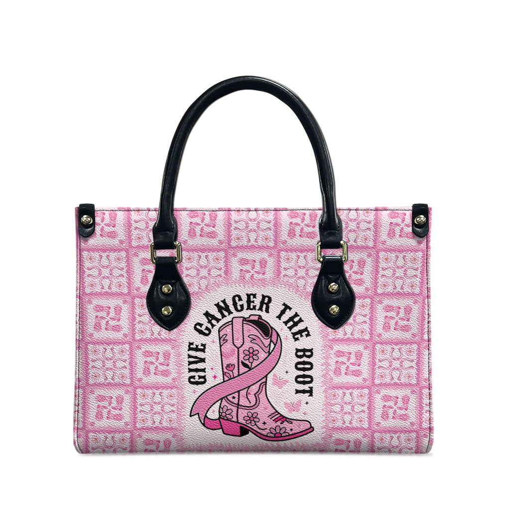 Give Cancer The Boot Pink Cowgirl Leather Bag Hawaiian Paniolo Mixed Quilt Pattern Style