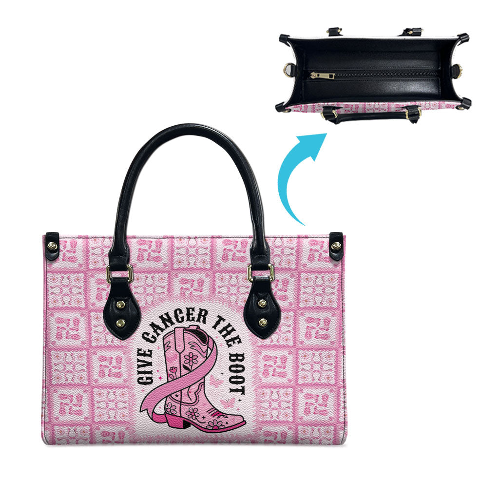Give Cancer The Boot Pink Cowgirl Leather Bag Hawaiian Paniolo Mixed Quilt Pattern Style