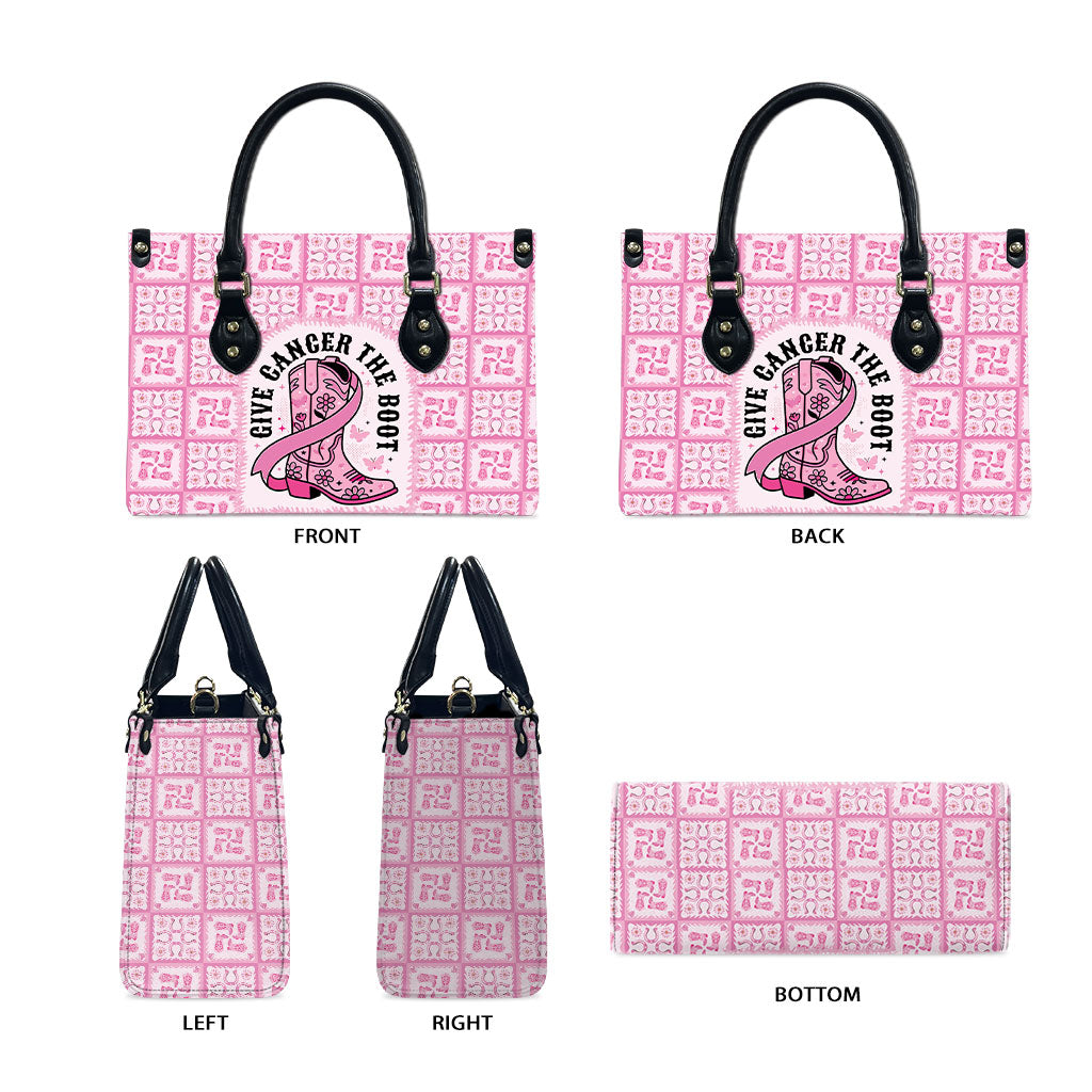 Give Cancer The Boot Pink Cowgirl Leather Bag Hawaiian Paniolo Mixed Quilt Pattern Style
