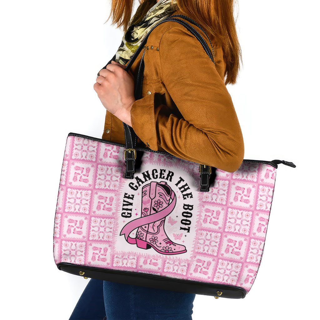 Give Cancer The Boot Pink Cowgirl Leather Tote Bag Hawaiian Paniolo Mixed Quilt Pattern Style LT9 Pink - Polynesian Pride