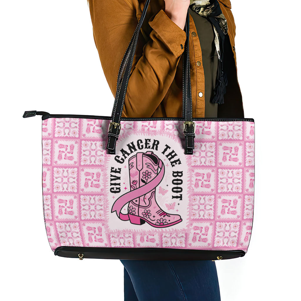 Give Cancer The Boot Pink Cowgirl Leather Tote Bag Hawaiian Paniolo Mixed Quilt Pattern Style