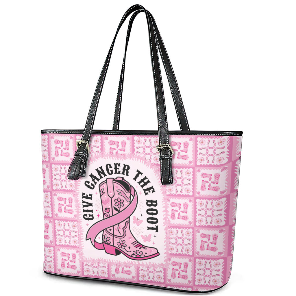 Give Cancer The Boot Pink Cowgirl Leather Tote Bag Hawaiian Paniolo Mixed Quilt Pattern Style