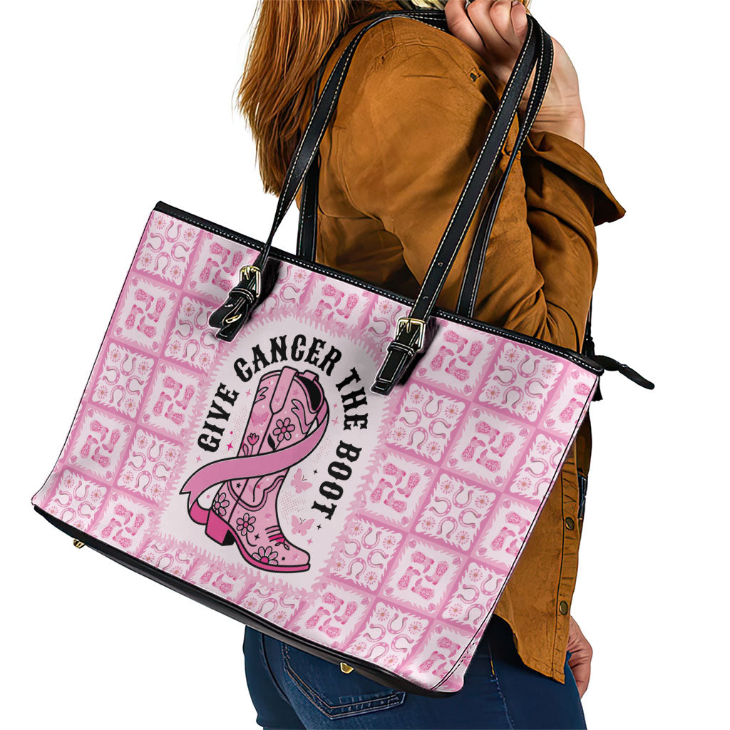 Give Cancer The Boot Pink Cowgirl Leather Tote Bag Hawaiian Paniolo Mixed Quilt Pattern Style