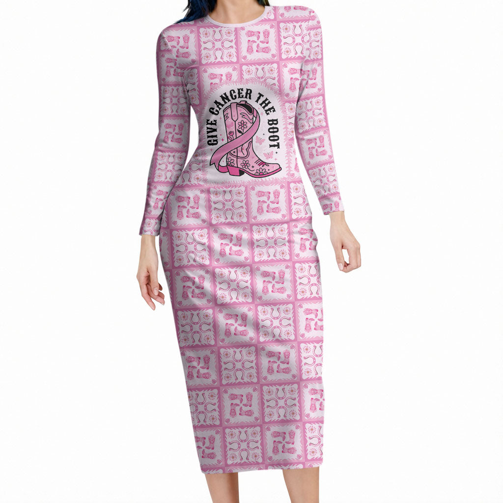 Give Cancer The Boot Pink Cowgirl Long Sleeve Bodycon Dress Hawaiian Paniolo Mixed Quilt Pattern Style