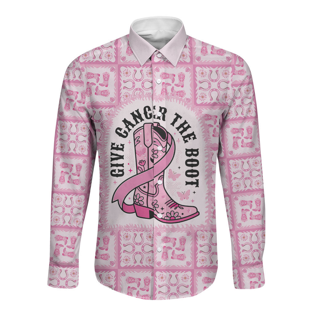 Give Cancer The Boot Pink Cowgirl Long Sleeve Button Shirt Hawaiian Paniolo Mixed Quilt Pattern Style LT9 Unisex Pink - Polynesian Pride