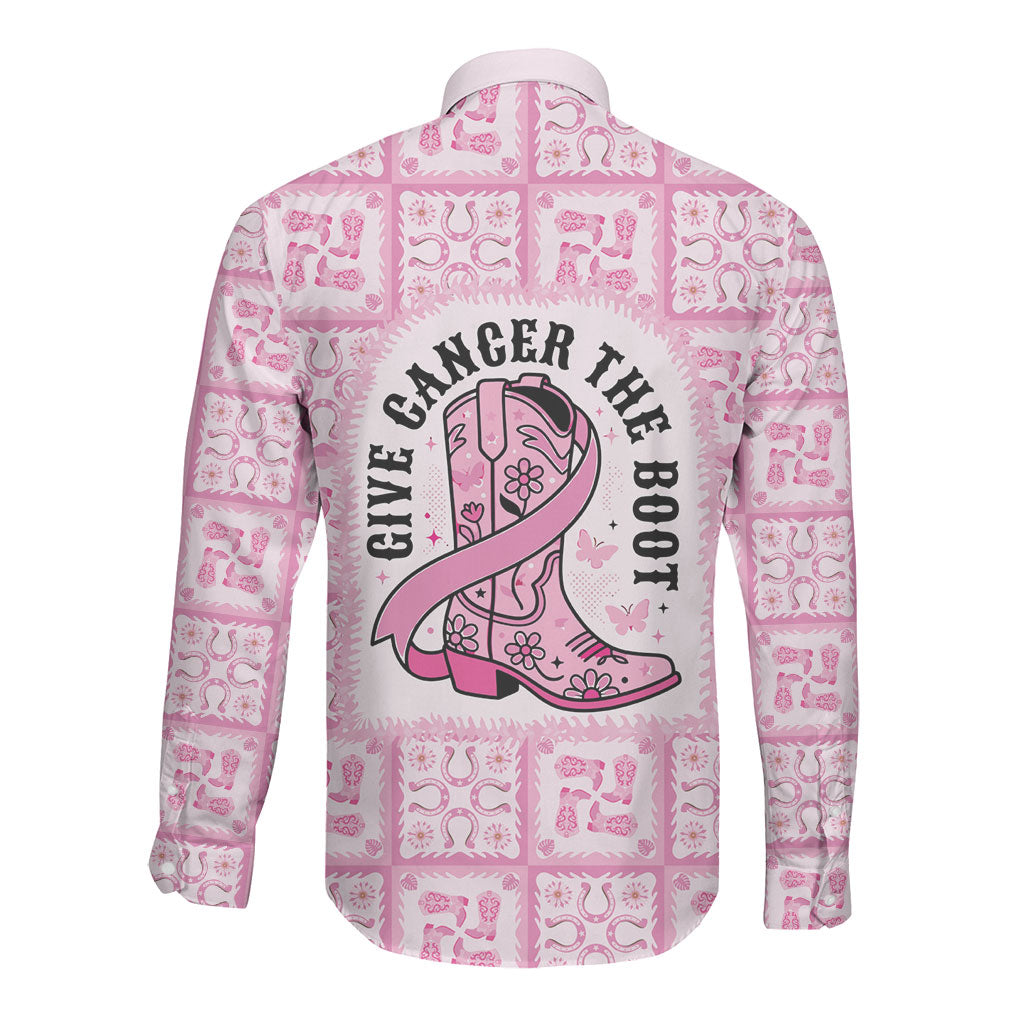 Give Cancer The Boot Pink Cowgirl Long Sleeve Button Shirt Hawaiian Paniolo Mixed Quilt Pattern Style