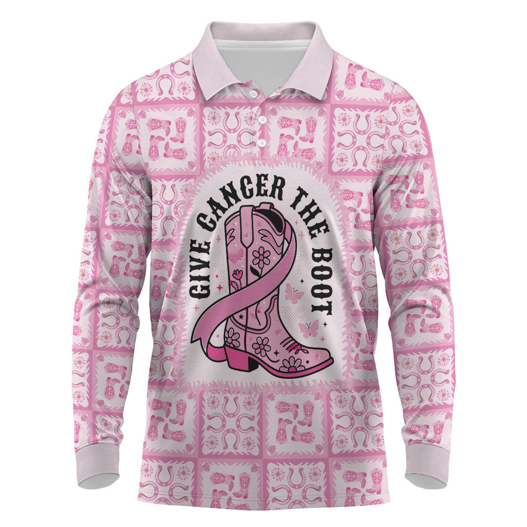 Give Cancer The Boot Pink Cowgirl Long Sleeve Polo Shirt Hawaiian Paniolo Mixed Quilt Pattern Style