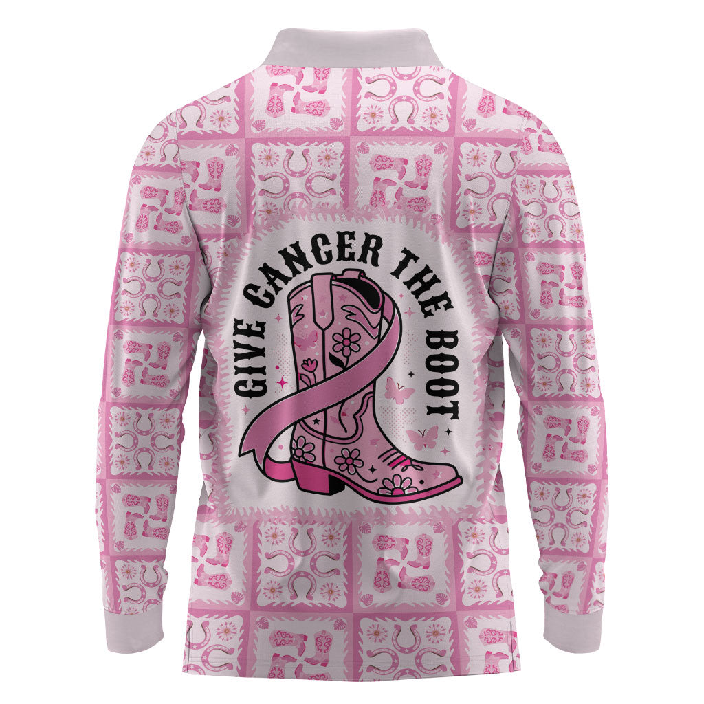 Give Cancer The Boot Pink Cowgirl Long Sleeve Polo Shirt Hawaiian Paniolo Mixed Quilt Pattern Style