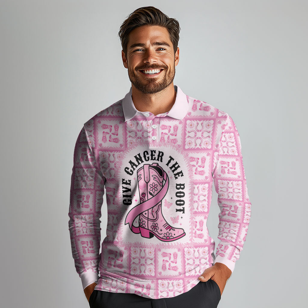 Give Cancer The Boot Pink Cowgirl Long Sleeve Polo Shirt Hawaiian Paniolo Mixed Quilt Pattern Style