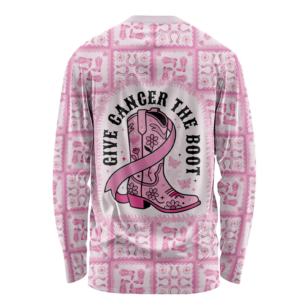 Give Cancer The Boot Pink Cowgirl Long Sleeve Shirt Hawaiian Paniolo Mixed Quilt Pattern Style