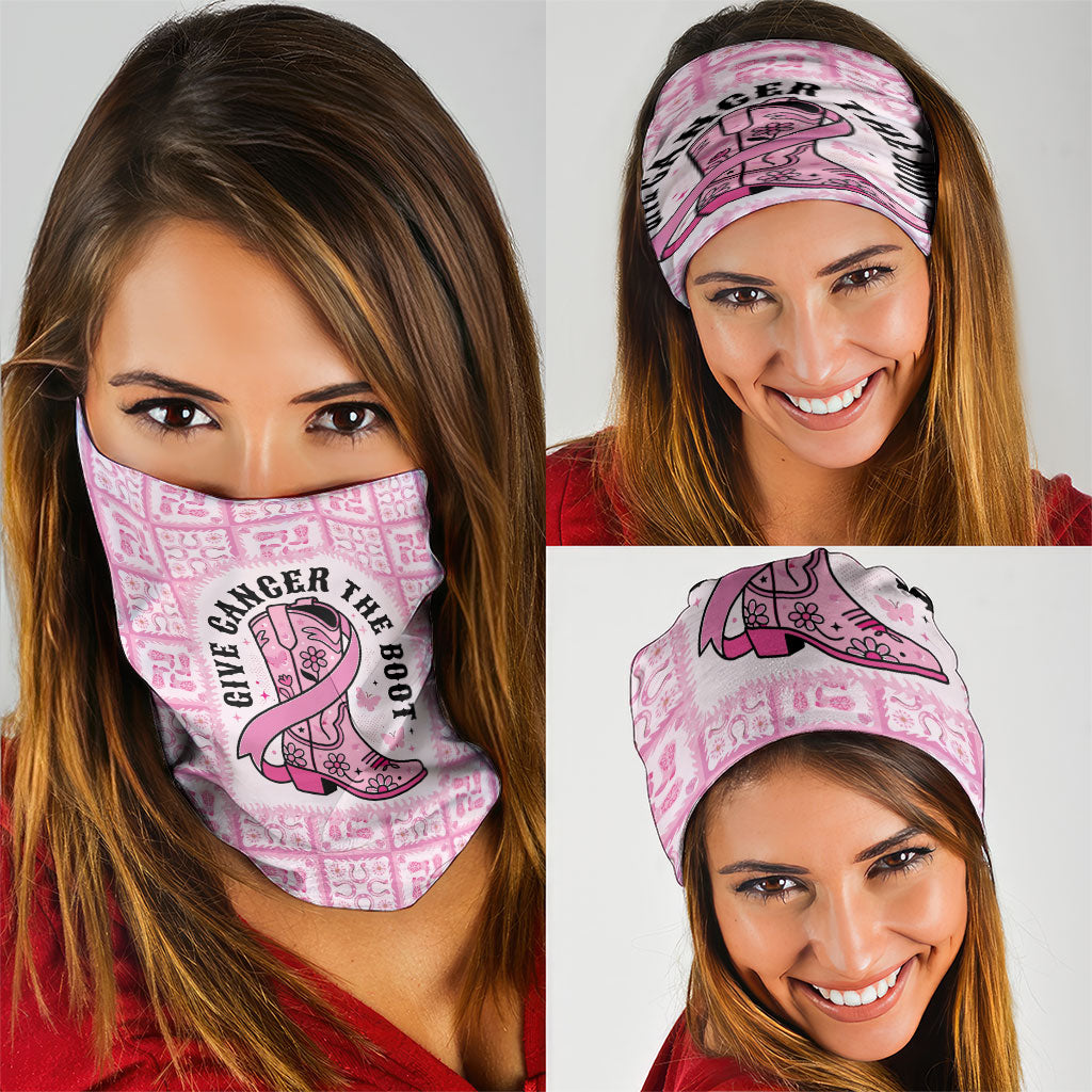 Give Cancer The Boot Pink Cowgirl Neck Gaiter Hawaiian Paniolo Mixed Quilt Pattern Style