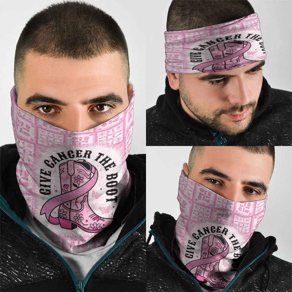 Give Cancer The Boot Pink Cowgirl Neck Gaiter Hawaiian Paniolo Mixed Quilt Pattern Style