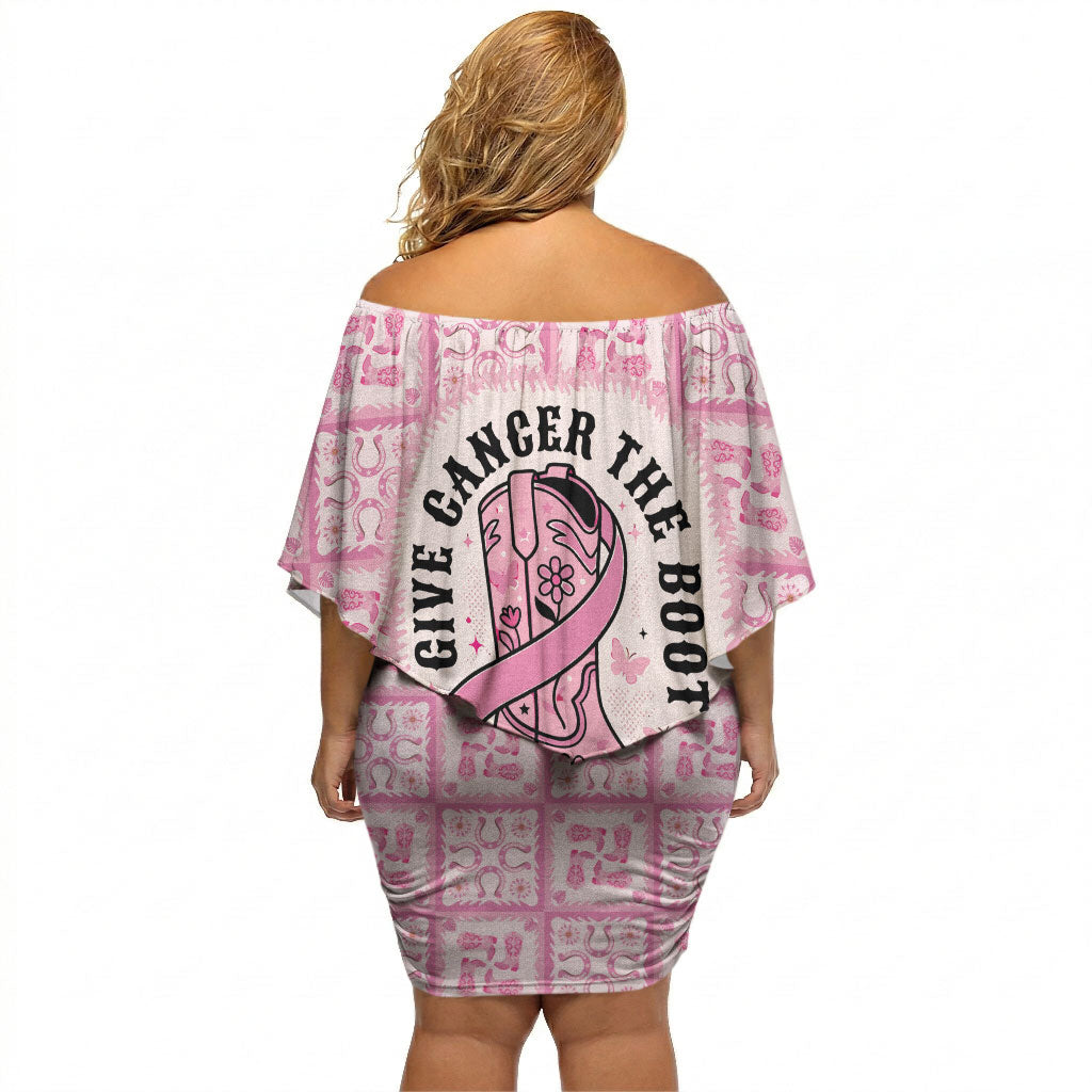 Give Cancer The Boot Pink Cowgirl Off Shoulder Short Dress Hawaiian Paniolo Mixed Quilt Pattern Style