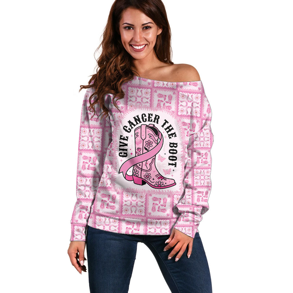 Give Cancer The Boot Pink Cowgirl Off Shoulder Sweater Hawaiian Paniolo Mixed Quilt Pattern Style LT9 Women Pink - Polynesian Pride