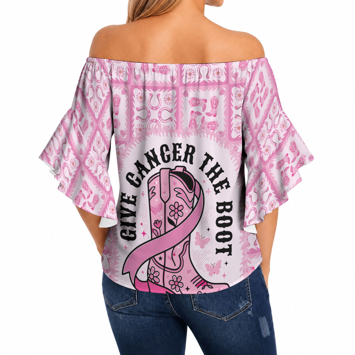 Give Cancer The Boot Pink Cowgirl Off Shoulder Wrap Waist Top Hawaiian Paniolo Mixed Quilt Pattern Style