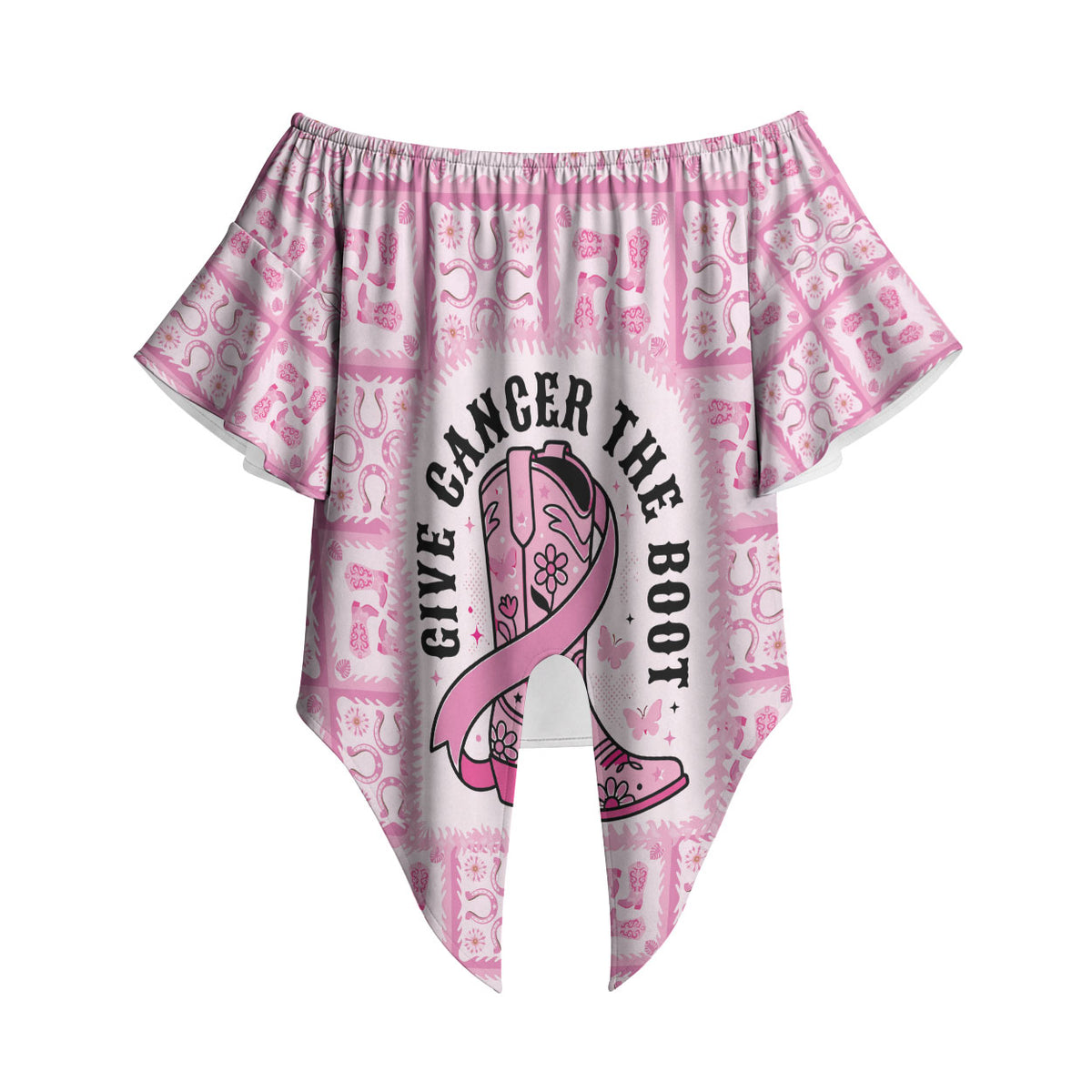 Give Cancer The Boot Pink Cowgirl Off Shoulder Wrap Waist Top Hawaiian Paniolo Mixed Quilt Pattern Style