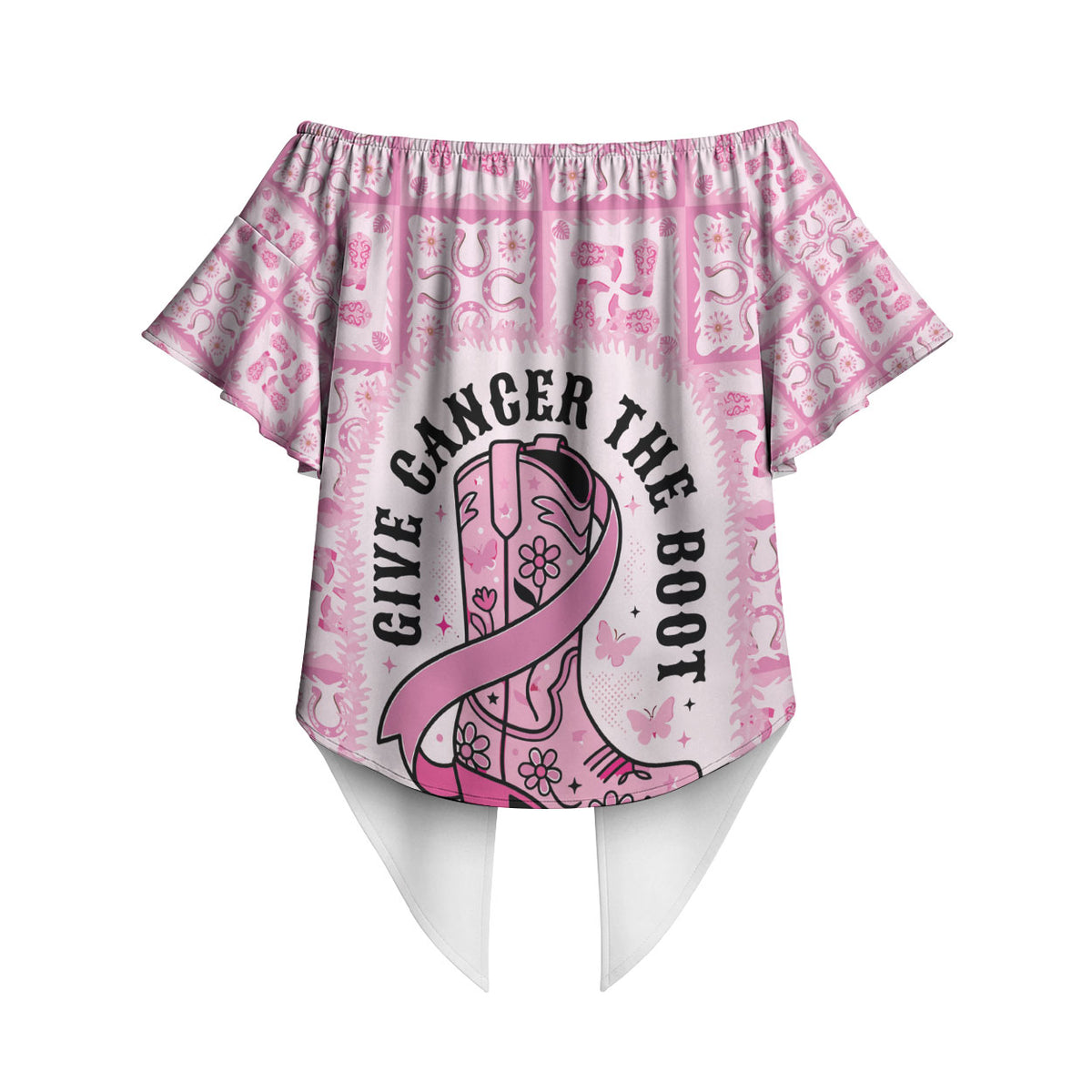 Give Cancer The Boot Pink Cowgirl Off Shoulder Wrap Waist Top Hawaiian Paniolo Mixed Quilt Pattern Style