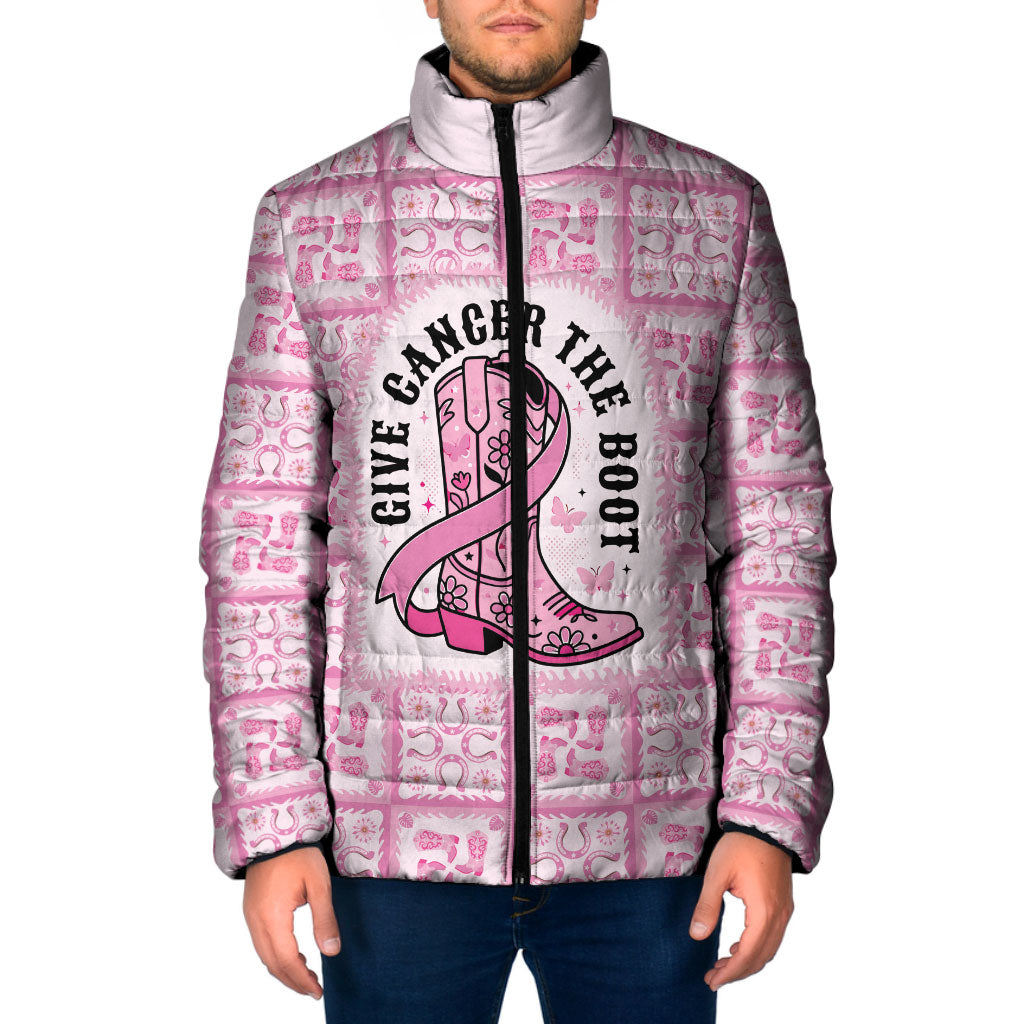 Give Cancer The Boot Pink Cowgirl Padded Jacket Hawaiian Paniolo Mixed Quilt Pattern Style