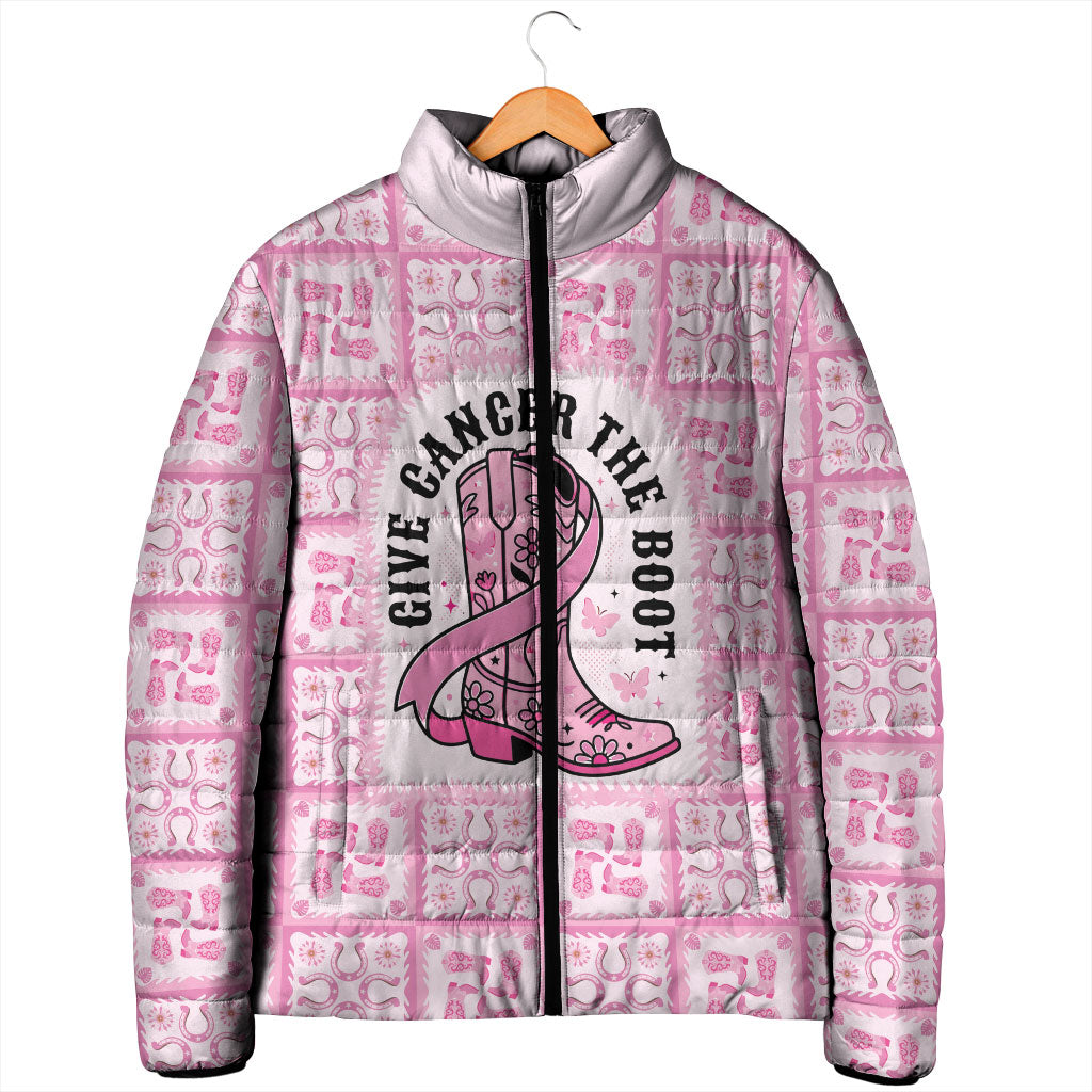 Give Cancer The Boot Pink Cowgirl Padded Jacket Hawaiian Paniolo Mixed Quilt Pattern Style