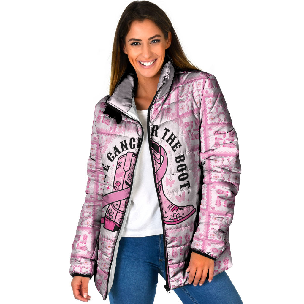 Give Cancer The Boot Pink Cowgirl Padded Jacket Hawaiian Paniolo Mixed Quilt Pattern Style