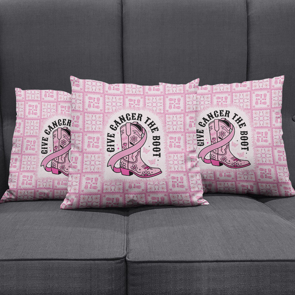 Give Cancer The Boot Pink Cowgirl Pillow Cover Hawaiian Paniolo Mixed Quilt Pattern Style