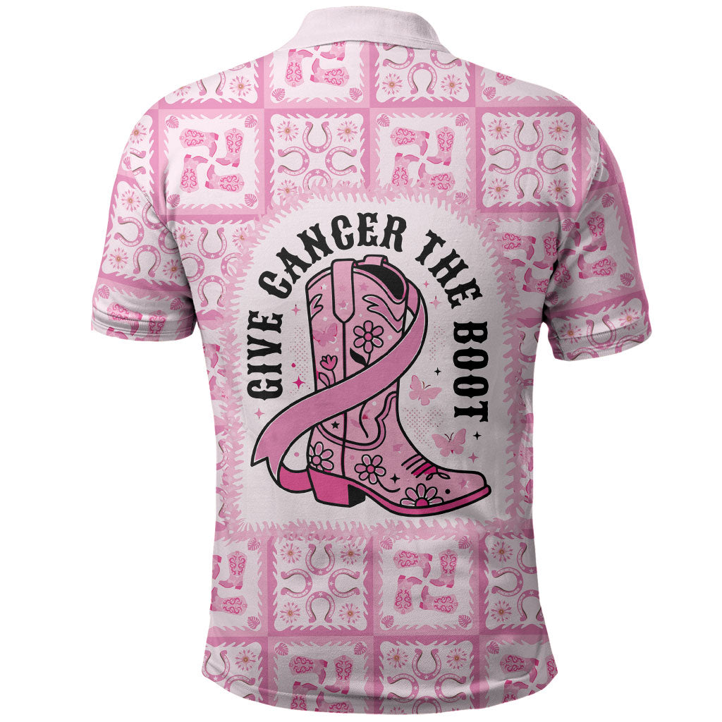 Give Cancer The Boot Pink Cowgirl Polo Shirt Hawaiian Paniolo Mixed Quilt Pattern Style