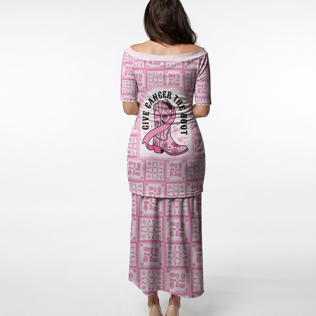 Give Cancer The Boot Pink Cowgirl Puletasi Hawaiian Paniolo Mixed Quilt Pattern Style