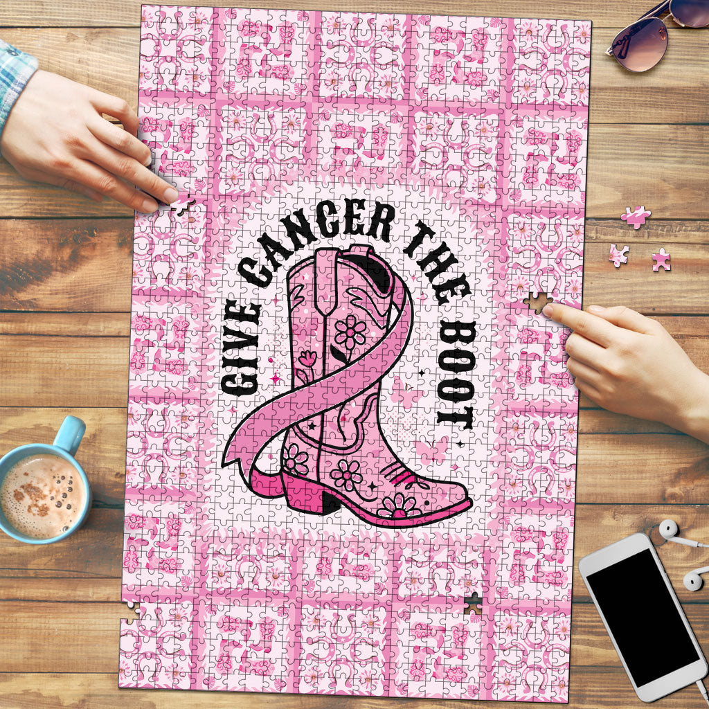 Give Cancer The Boot Pink Cowgirl Puzzle Hawaiian Paniolo Mixed Quilt Pattern Style