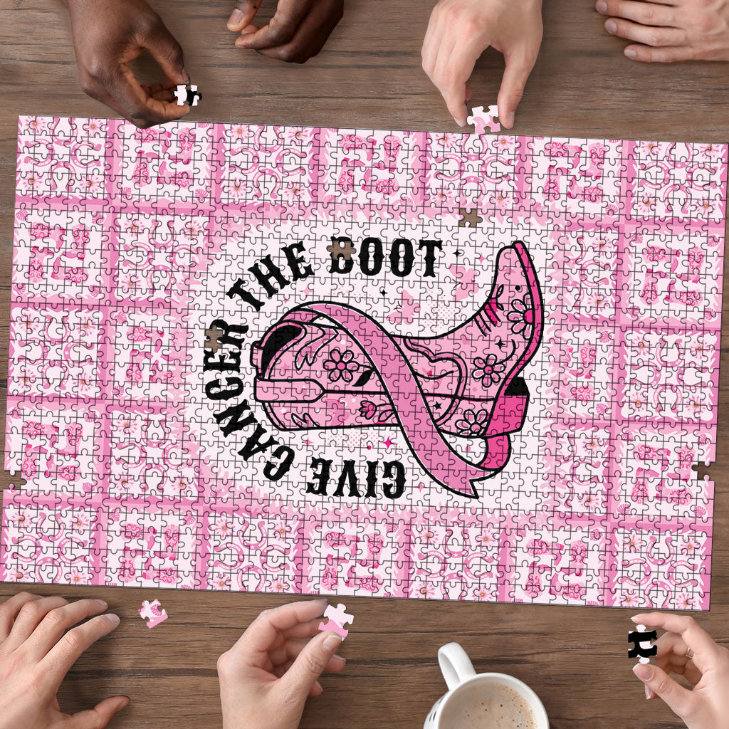 Give Cancer The Boot Pink Cowgirl Puzzle Hawaiian Paniolo Mixed Quilt Pattern Style