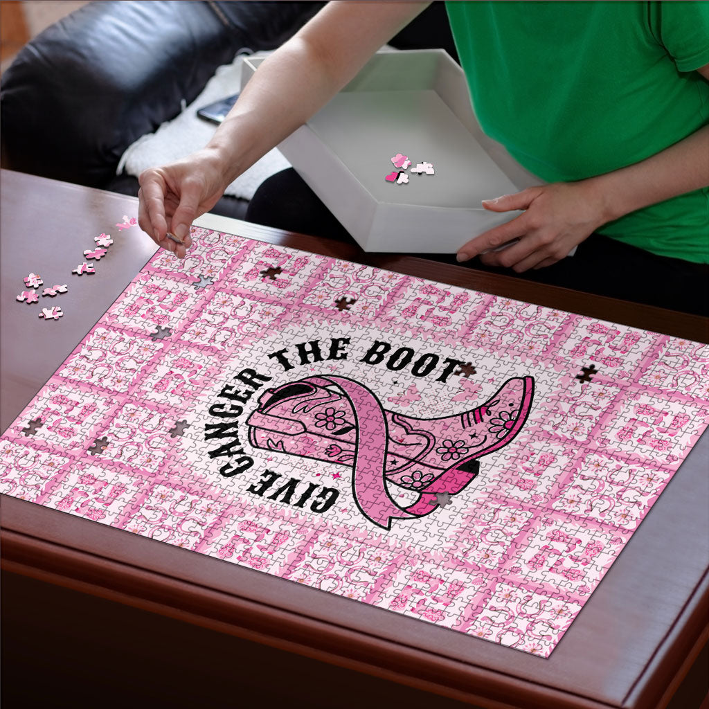 Give Cancer The Boot Pink Cowgirl Puzzle Hawaiian Paniolo Mixed Quilt Pattern Style