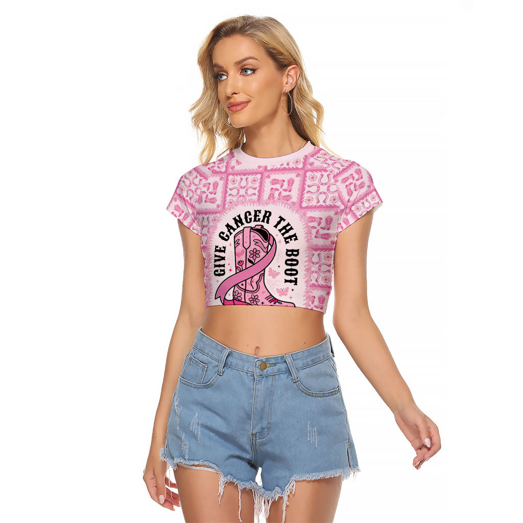 Give Cancer The Boot Pink Cowgirl Raglan Cropped T Shirt Hawaiian Paniolo Mixed Quilt Pattern Style