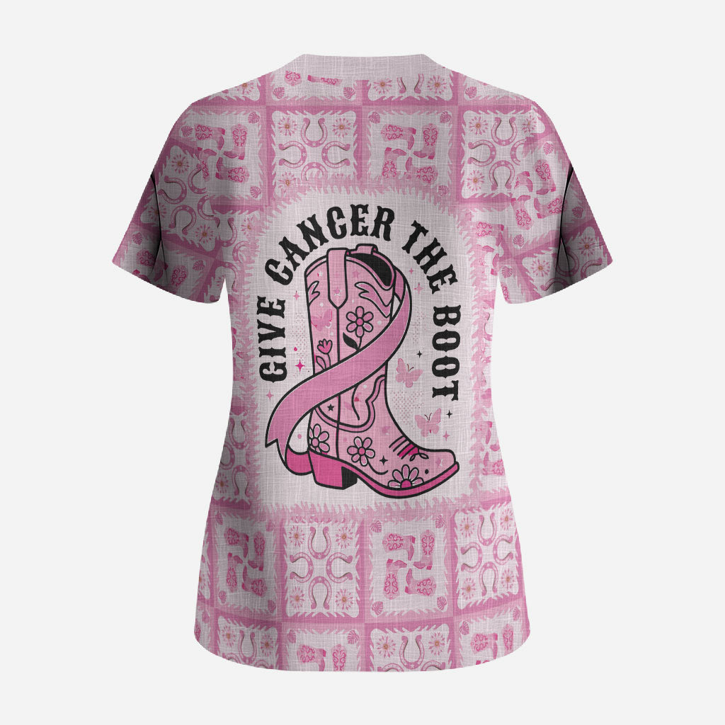 Give Cancer The Boot Pink Cowgirl Scrub Top Hawaiian Paniolo Mixed Quilt Pattern Style