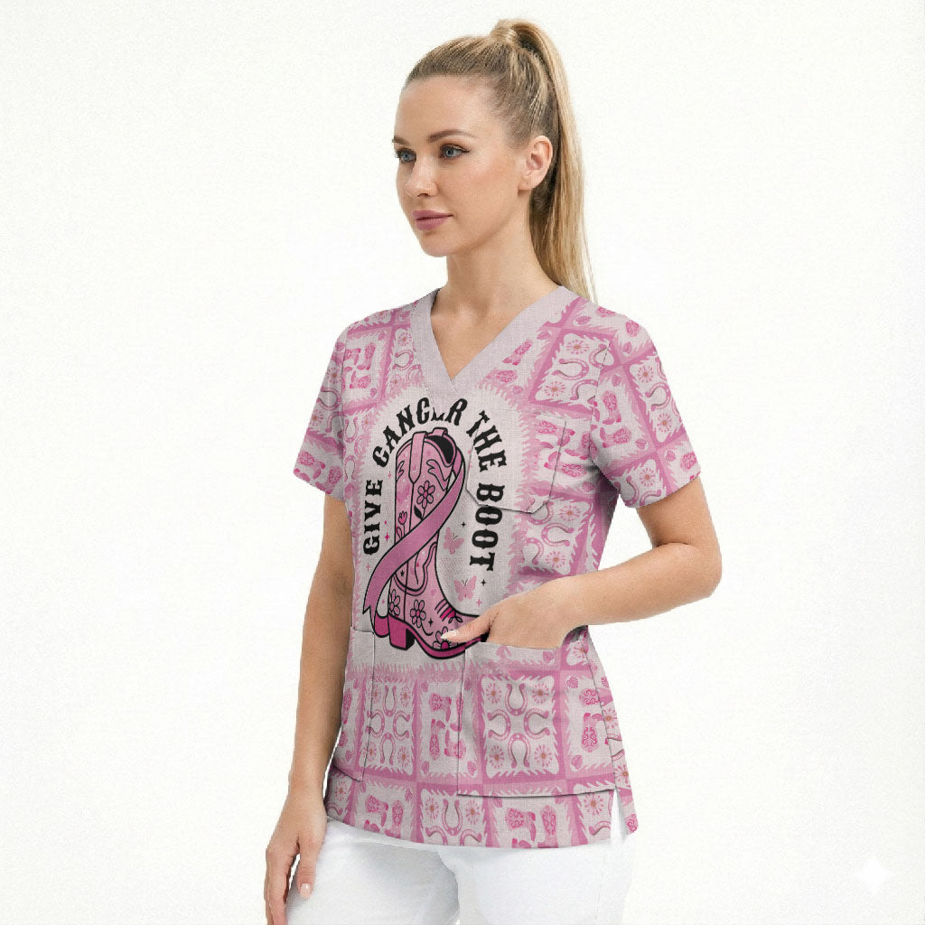 Give Cancer The Boot Pink Cowgirl Scrub Top Hawaiian Paniolo Mixed Quilt Pattern Style