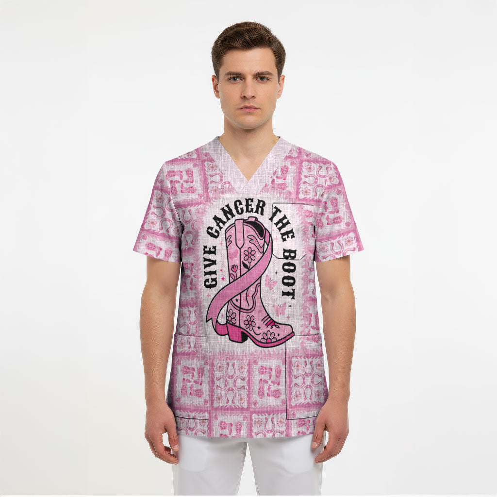 Give Cancer The Boot Pink Cowgirl Scrub Top Hawaiian Paniolo Mixed Quilt Pattern Style