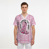 Give Cancer The Boot Pink Cowgirl Scrub Top Hawaiian Paniolo Mixed Quilt Pattern Style