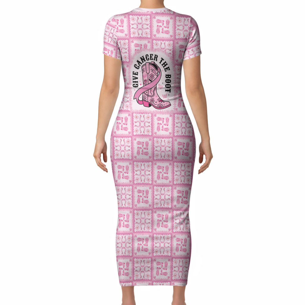 Give Cancer The Boot Pink Cowgirl Short Sleeve Bodycon Dress Hawaiian Paniolo Mixed Quilt Pattern Style