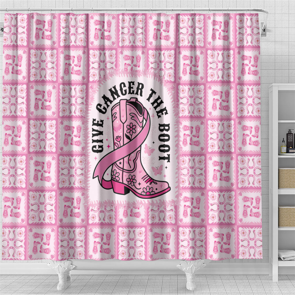 Give Cancer The Boot Pink Cowgirl Shower Curtain Hawaiian Paniolo Mixed Quilt Pattern Style