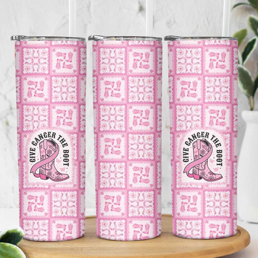 Give Cancer The Boot Pink Cowgirl Skinny Tumbler Hawaiian Paniolo Mixed Quilt Pattern Style