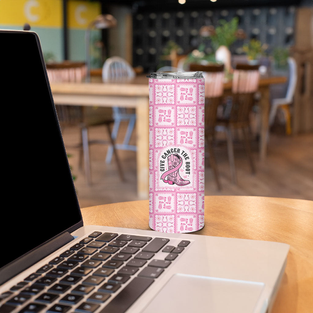 Give Cancer The Boot Pink Cowgirl Skinny Tumbler Hawaiian Paniolo Mixed Quilt Pattern Style
