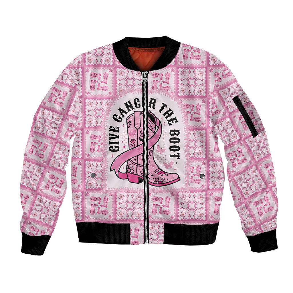 Give Cancer The Boot Pink Cowgirl Sleeve Zip Bomber Jacket Hawaiian Paniolo Mixed Quilt Pattern Style LT9 Unisex Pink - Polynesian Pride