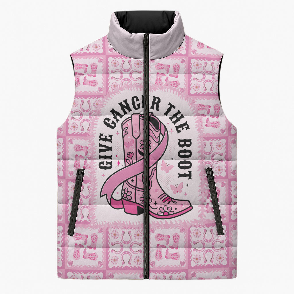 Give Cancer The Boot Pink Cowgirl Sleeveless Puffer Jacket Hawaiian Paniolo Mixed Quilt Pattern Style LT9 Unisex Pink - Polynesian Pride