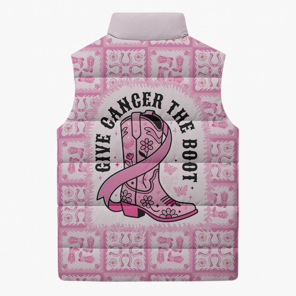 Give Cancer The Boot Pink Cowgirl Sleeveless Puffer Jacket Hawaiian Paniolo Mixed Quilt Pattern Style