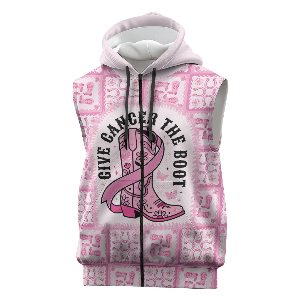 Give Cancer The Boot Pink Cowgirl Sleeveless Zip Hoodie Hawaiian Paniolo Mixed Quilt Pattern Style LT9 Pink - Polynesian Pride